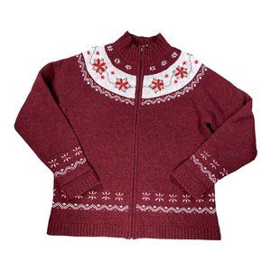 Woolrich Cardigan Womens Lambswool Deep Ruby Zip Fair Island Floral Medium